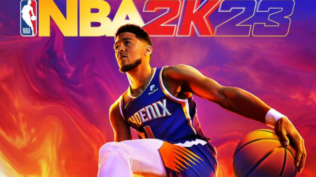 Devin Booker wears Nike Kobe 4 Protro on NBA 2K23 cover.